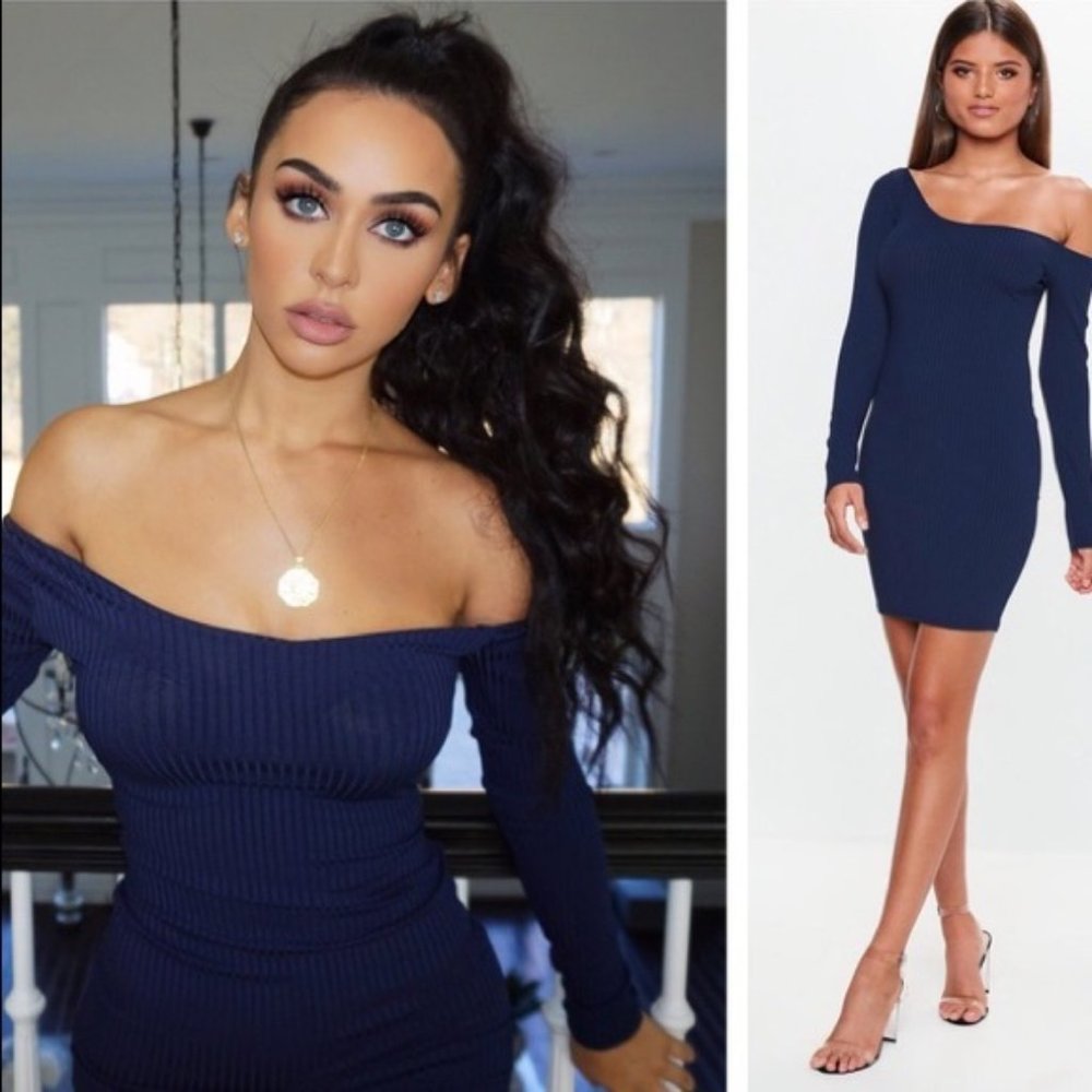 CARLI BYBEL X MISSGUIDED NAVY RIBBED LONG SLEEVE DRESS SIZE 12